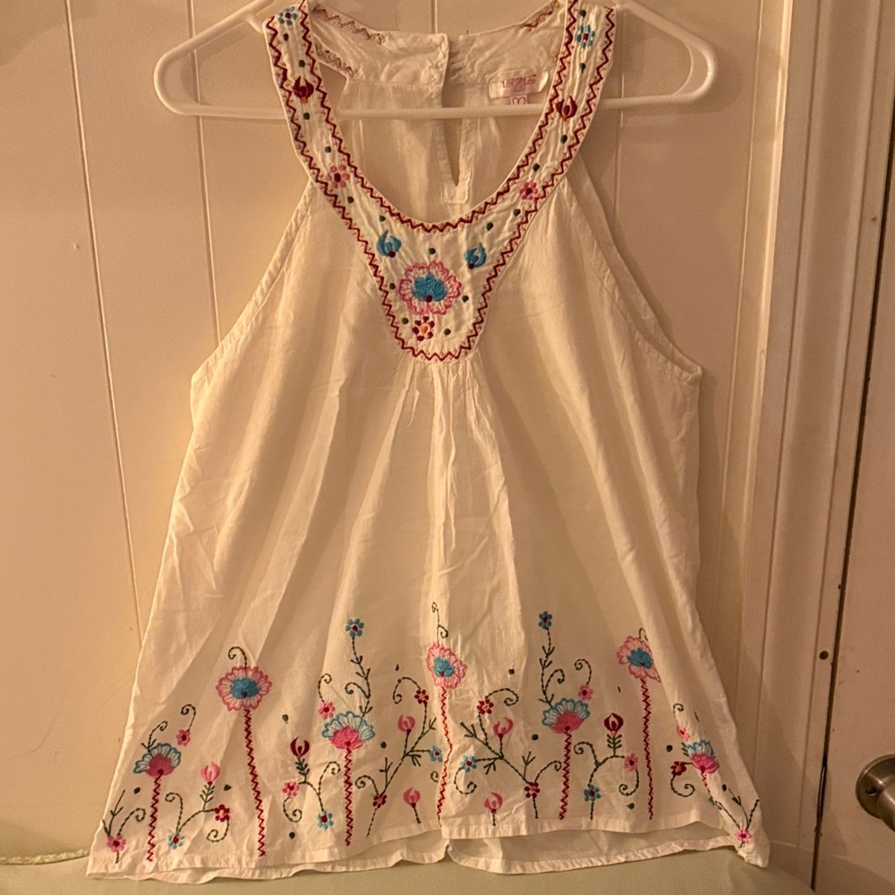 White Embroidered Halter Tank Top - Floral Detail